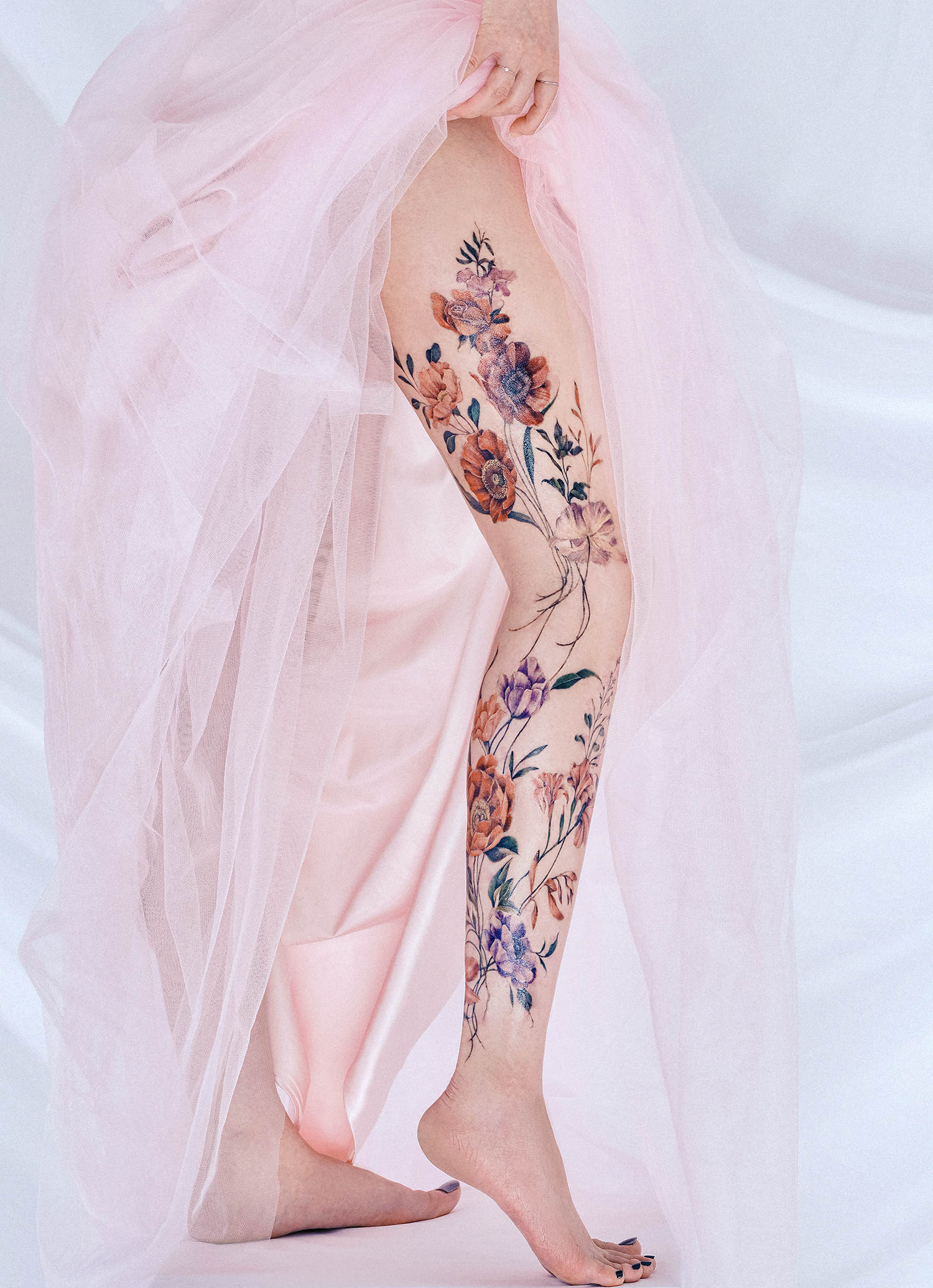 almost a leg sleeve by yerae, floral work in color