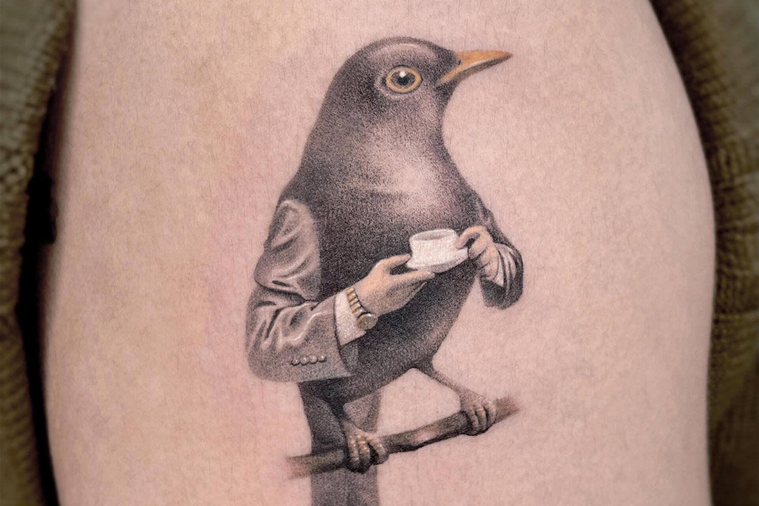 bird sipping tea tattoo by gyan