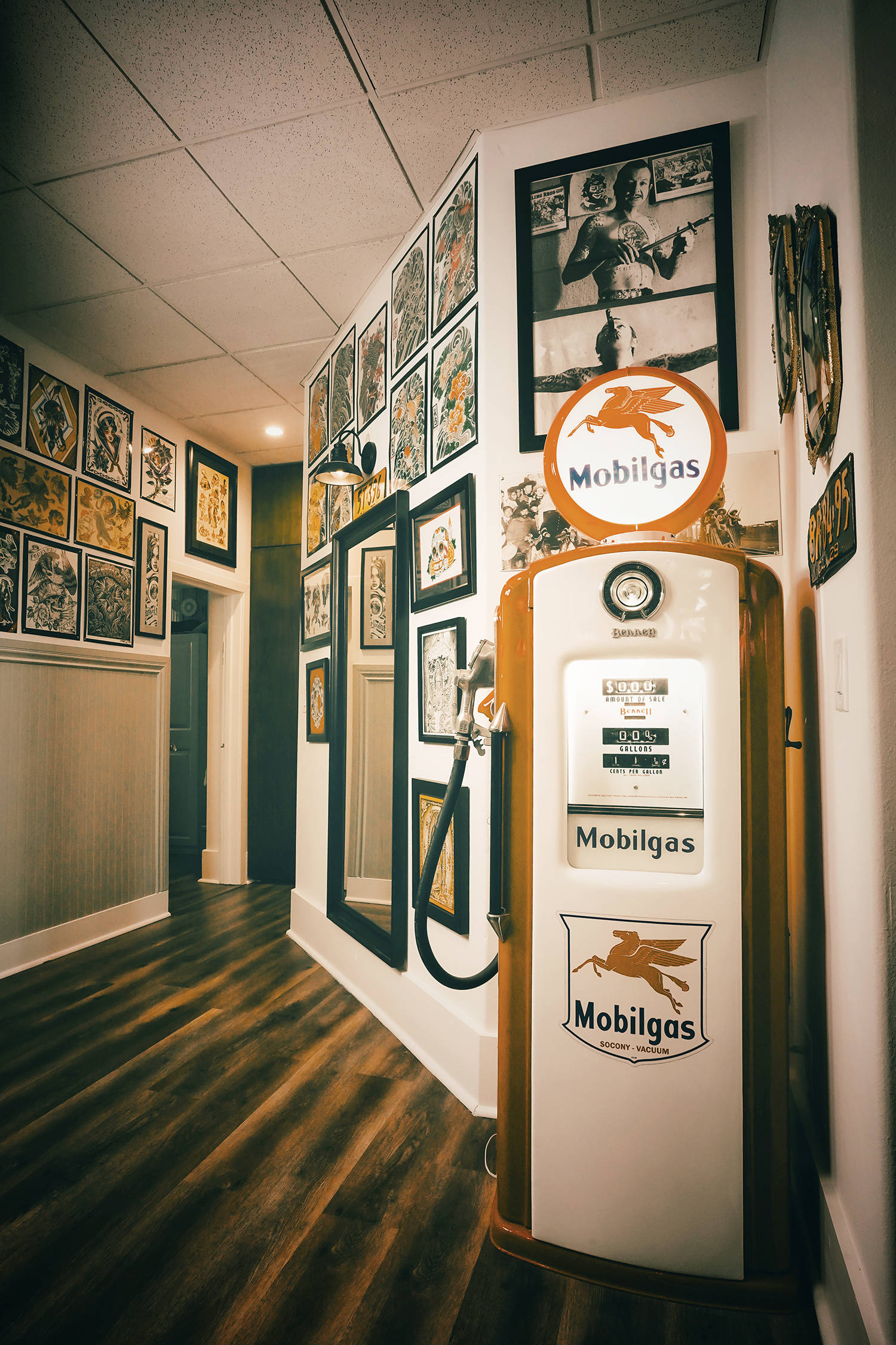 captain don leslie and gas pump decorate the niles tattoo shop