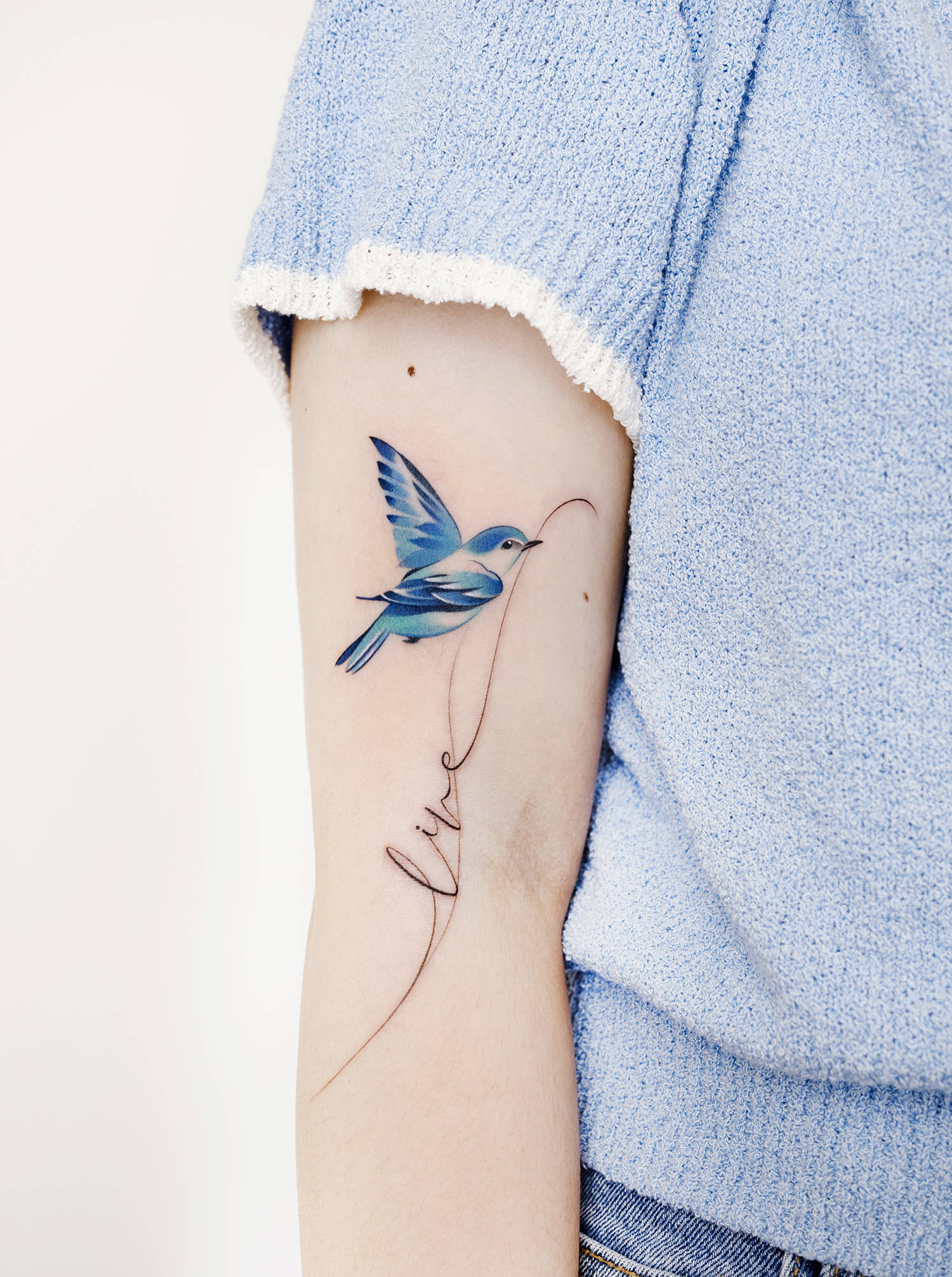 bird tattoo with the word live on arm