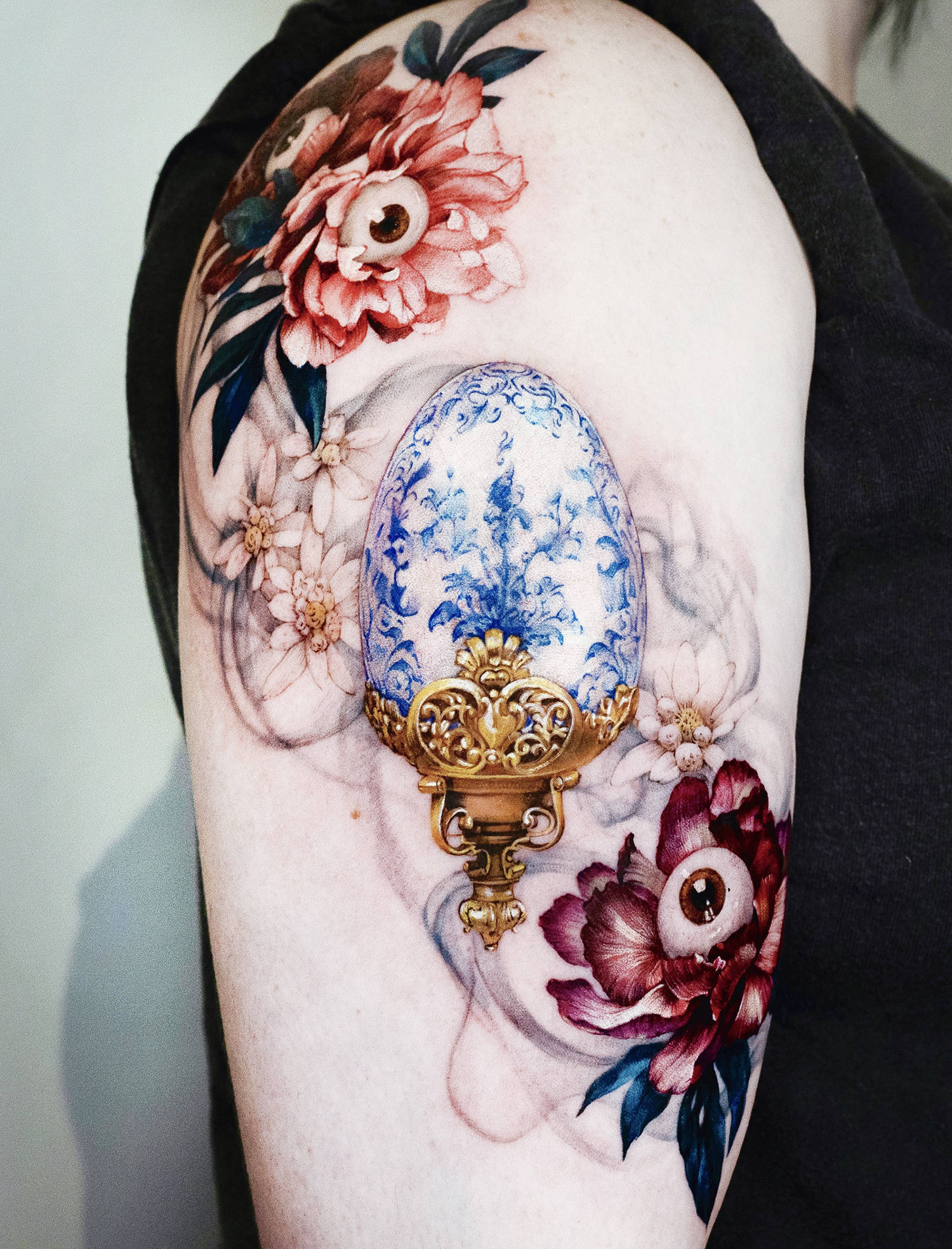 faberge egg, chinese porcelain egg tattoo with flowers