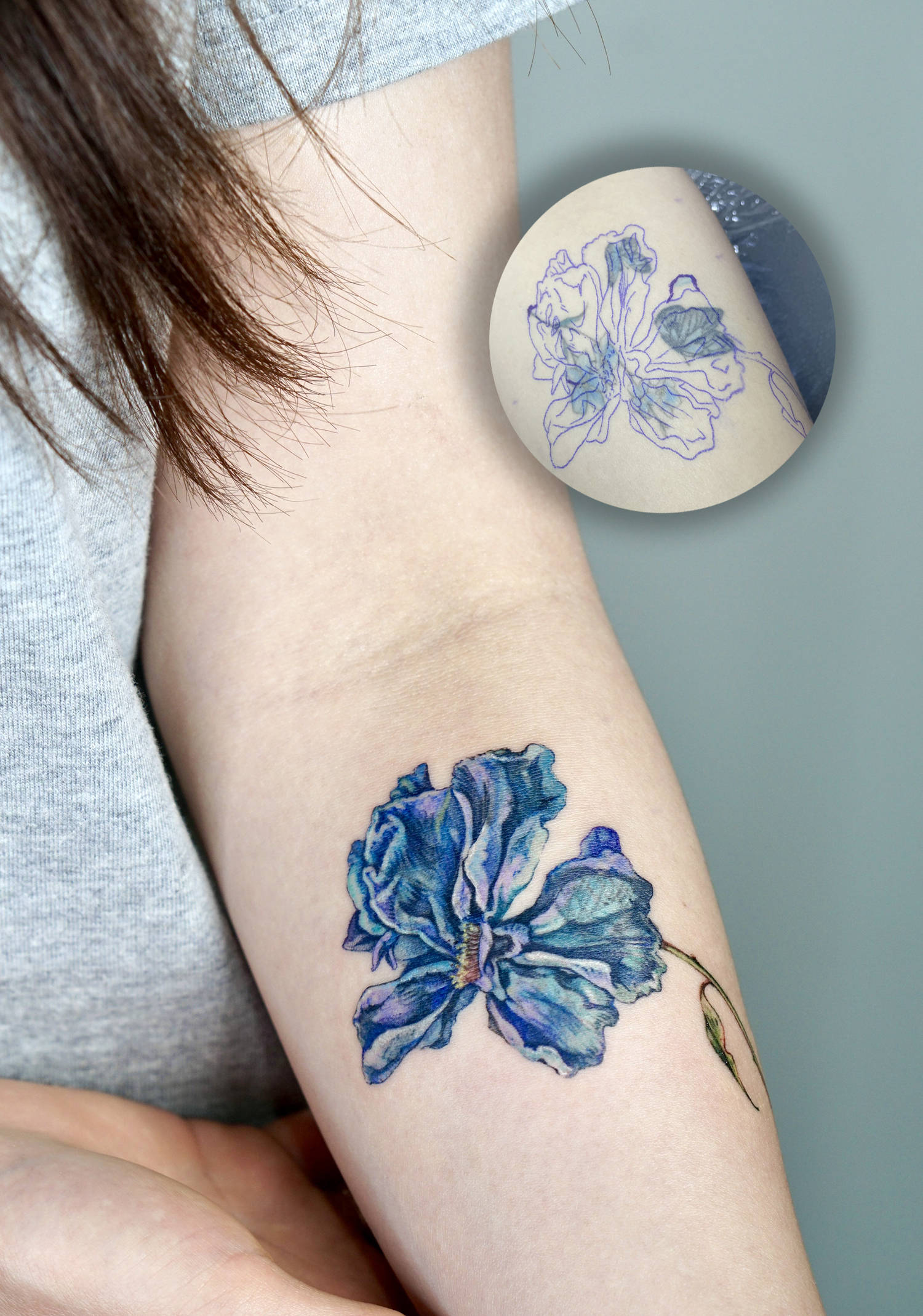 blue flower cover up tattoo