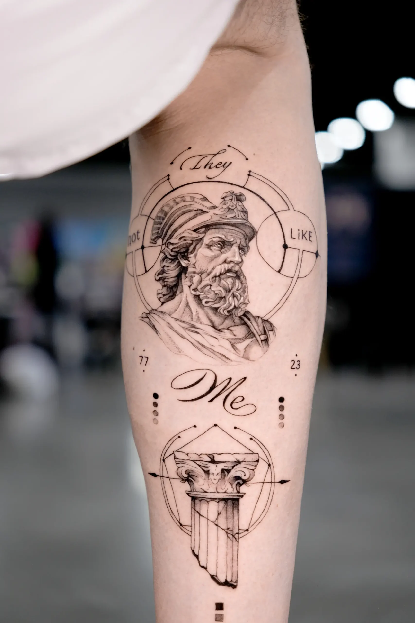 micro tattoo in fine line with greek mythology characters, sculptural