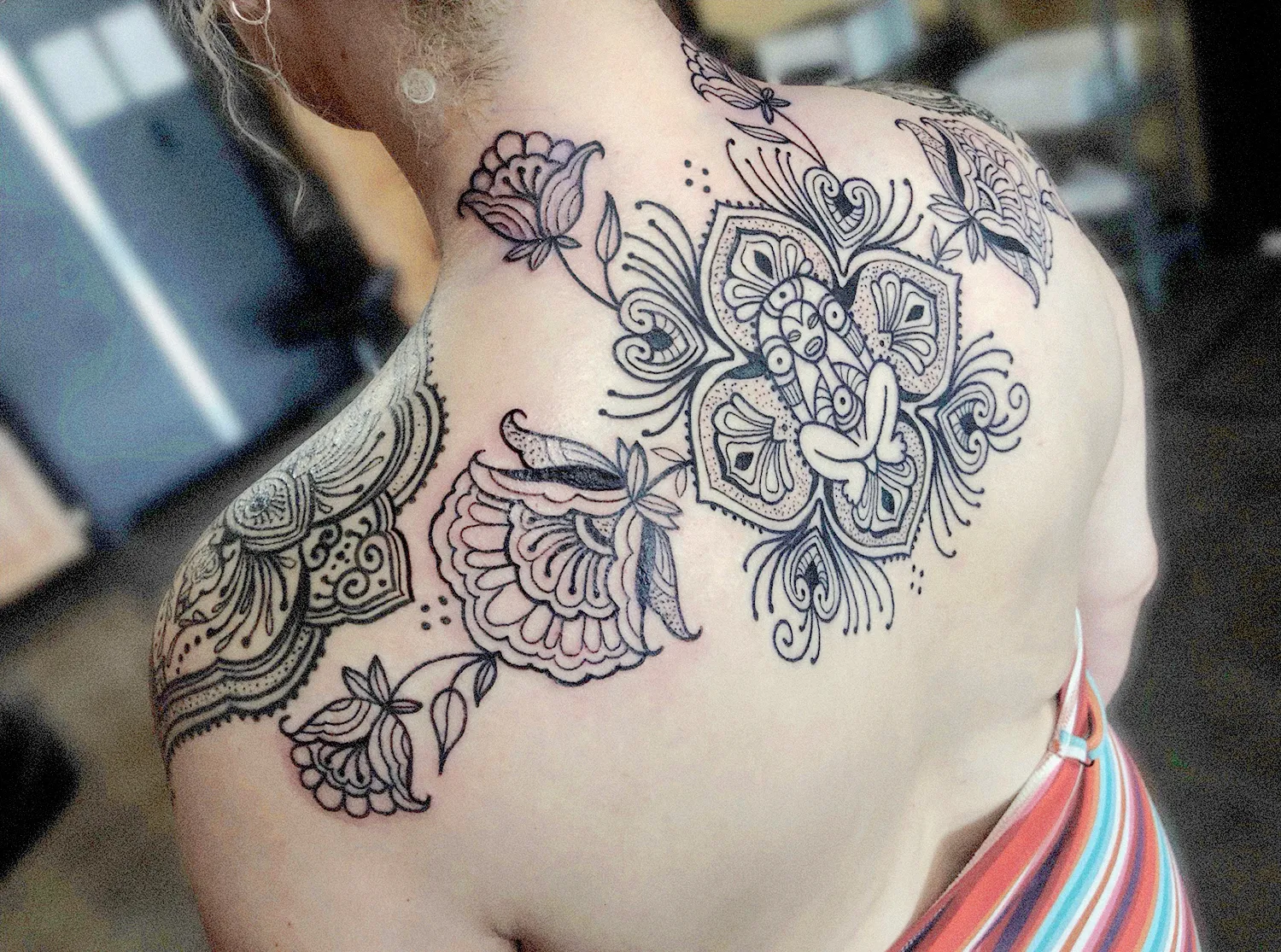 A client of Xeu who became a friend, her back piece reflecting the power of the ancestral mother Atabey from the Taino mythology