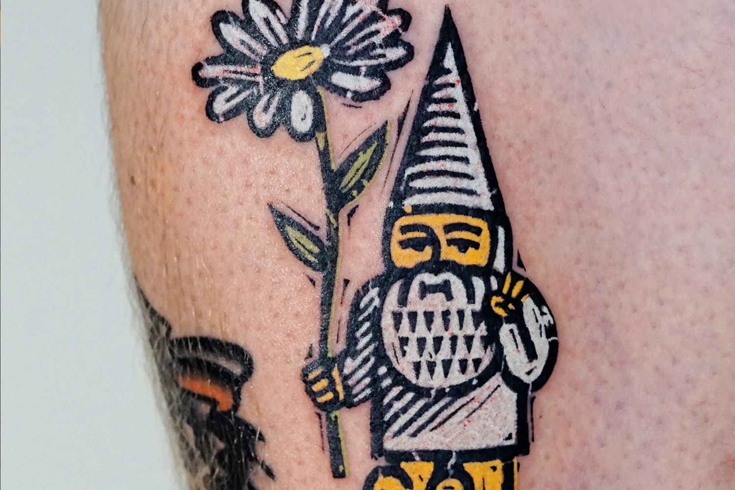 gnome, peace hippie with flower, tattoo by koblin