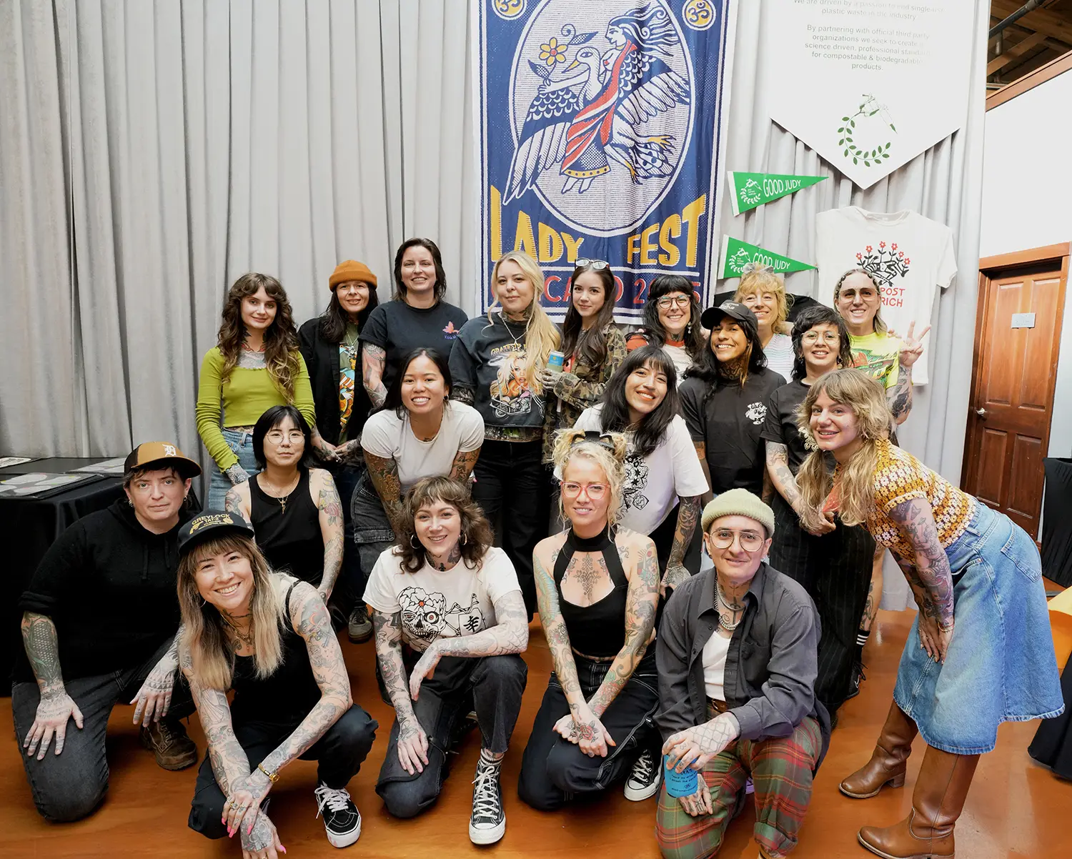 Left to right, back row: Makayla Lulevitch, Julia Campione, Carrie Daniels, Lindsee Boyer, Heather Dawn, Kaily McKee, Leonie New, and Jessie Preston. Middle row, left to right: Zera Anderson, Stacey Koo, Leslie Young, Crispy Ray, Janet Nelson, and Nichher. Front row: Leina Sioux, Courtney OShea, Britt Kuechenmeister, Lee DAngelo, and Zoe Margot.