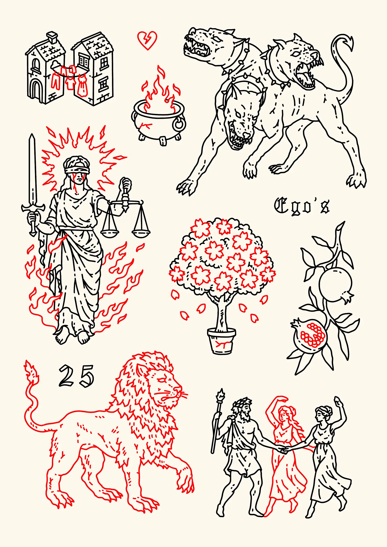 tattoo flash, Lady Justice in Greek mythology is often linked to goddess Themis, whereas Cerberus, guardian of the underworld, is represented by three-headed dogs