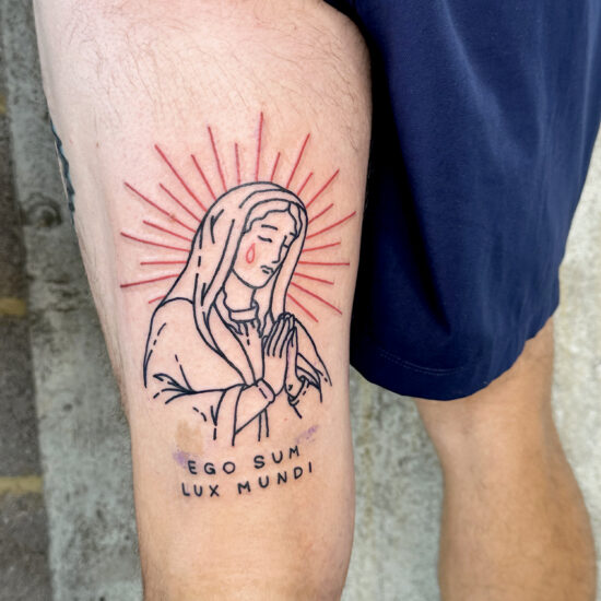 sacred line art, saint maria, tattoo by ego sum lux mundi