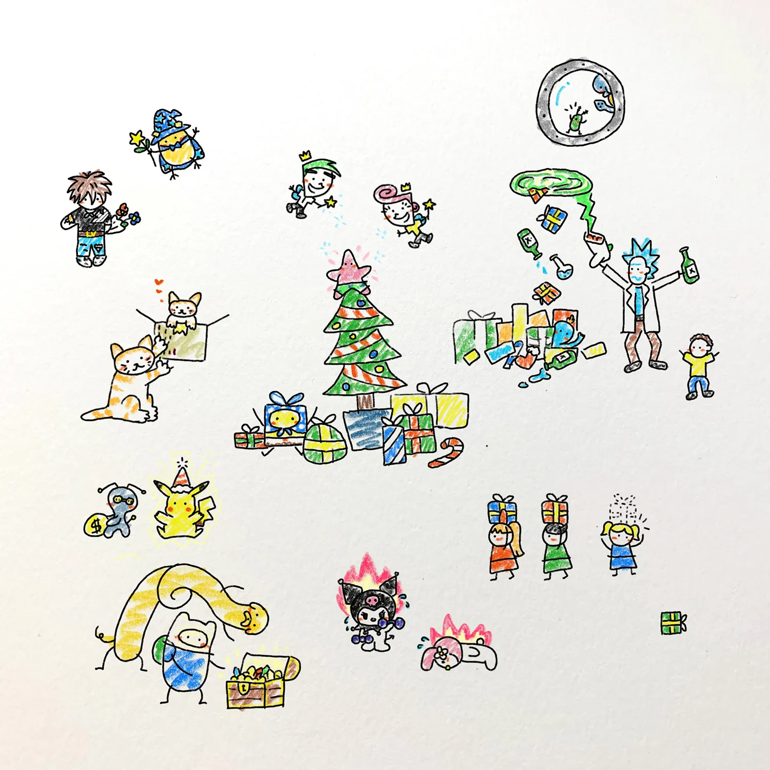an assortment of cartoons, flash art drawings. Character Rick Sanchez (rick and morty, Pikachu, cats, christmas gifts, and more.