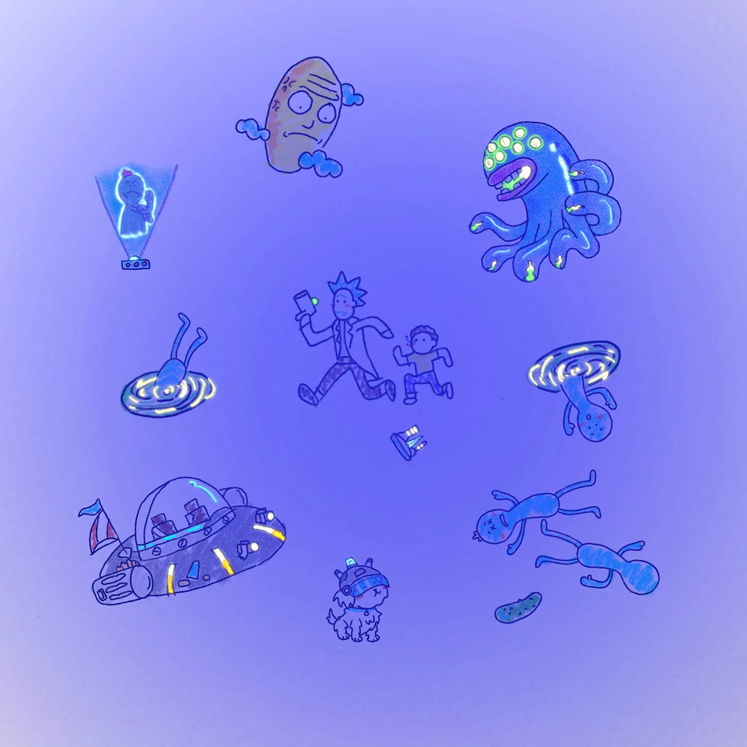 uv ink example of rick and morty drawings