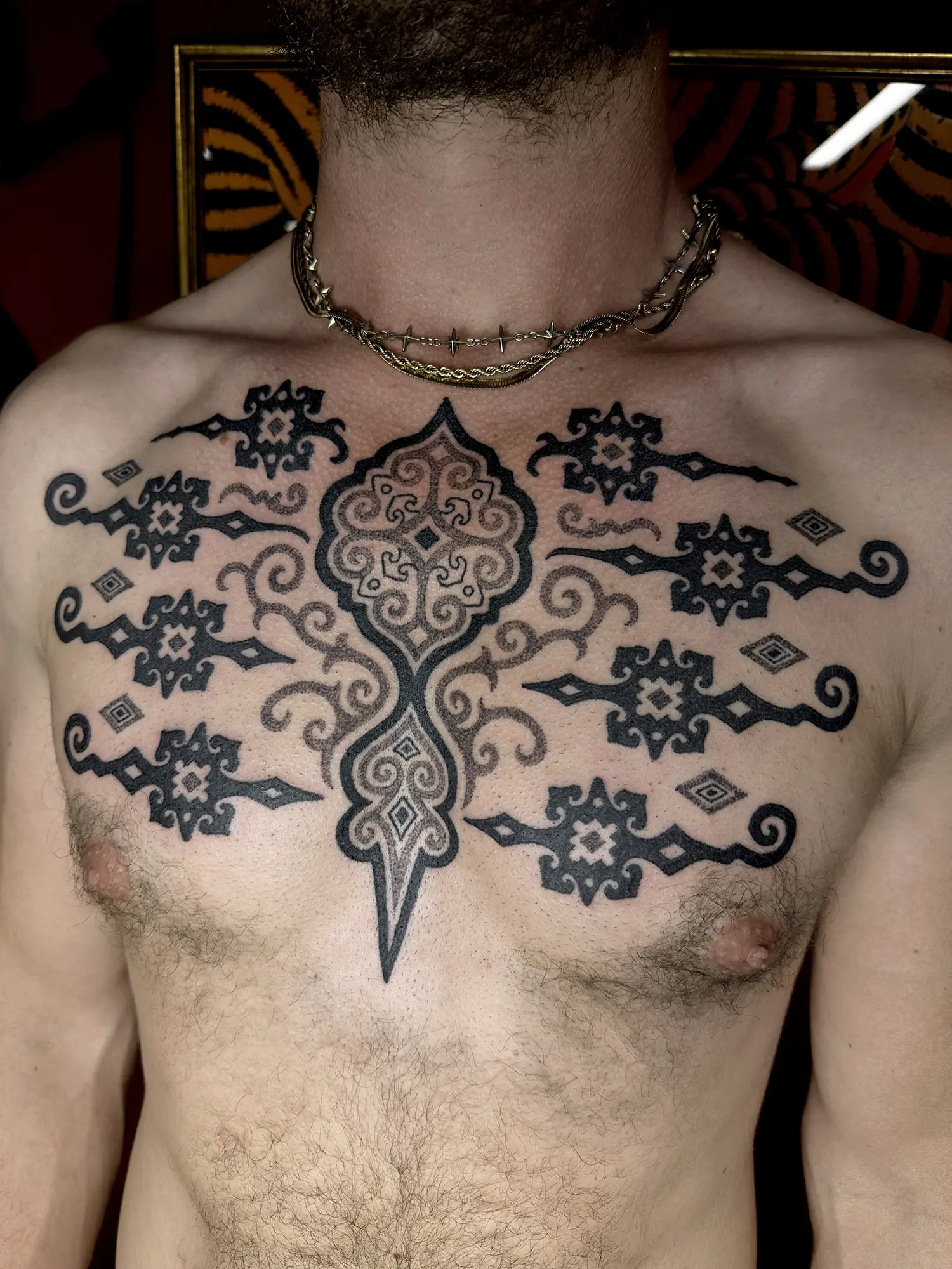 Blackwork with a protective pattern reminiscent of East Sumba, Borneo, and Toraja fabrics