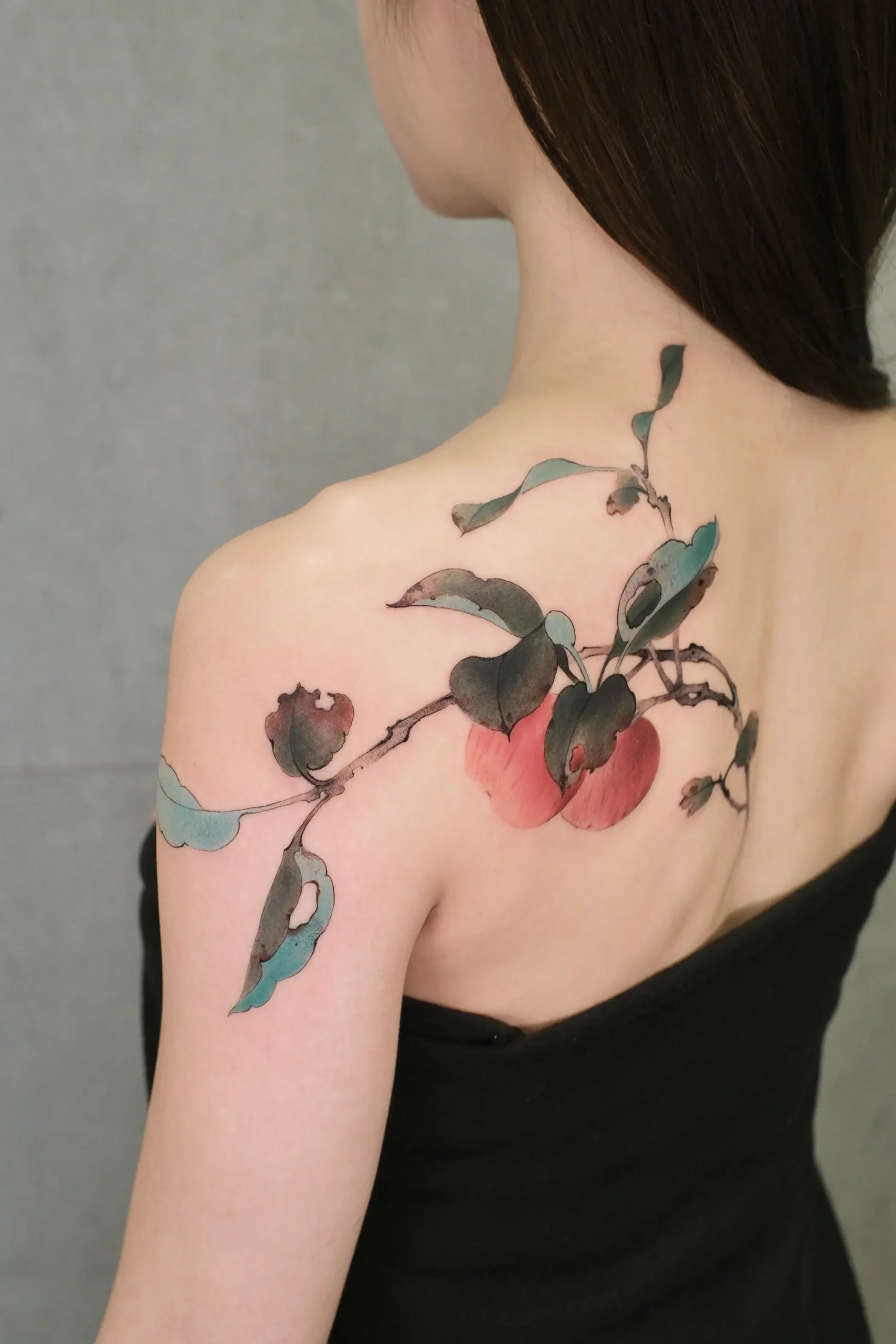 gongbi style tattoo, dreamy apples and brach on shoulder and back by chen jie