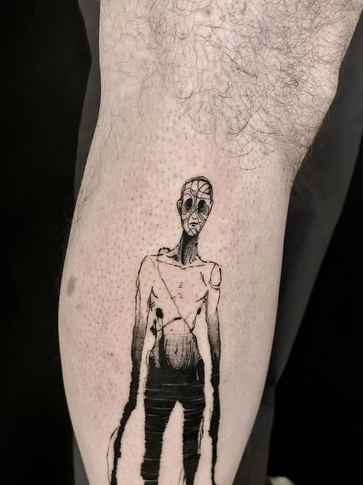close up of an illustrative drawing like human tattoo, titled hollow, elongated legs, creepy